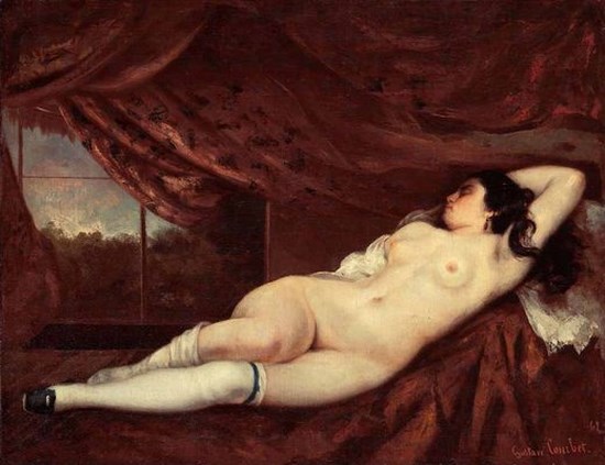 Femme nue et couchée, sur fond rouge - Gustave Courbet