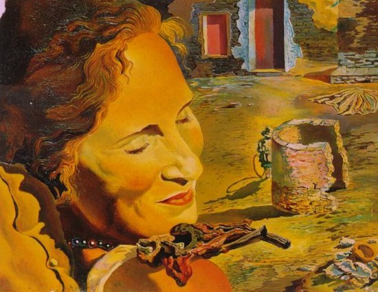 Portrait de Gala avec deux côtelettes d'agneau en équilibre sur son épaule - Salvador Dali