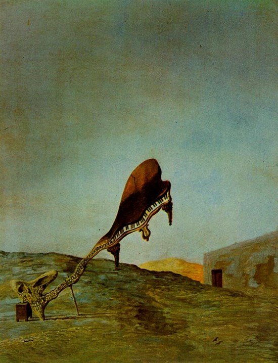 Crâne avec son appendice lyrique penché sur une table de nuit qui devrait avoir la température exacte du nid de cardinal - Salvador Dali