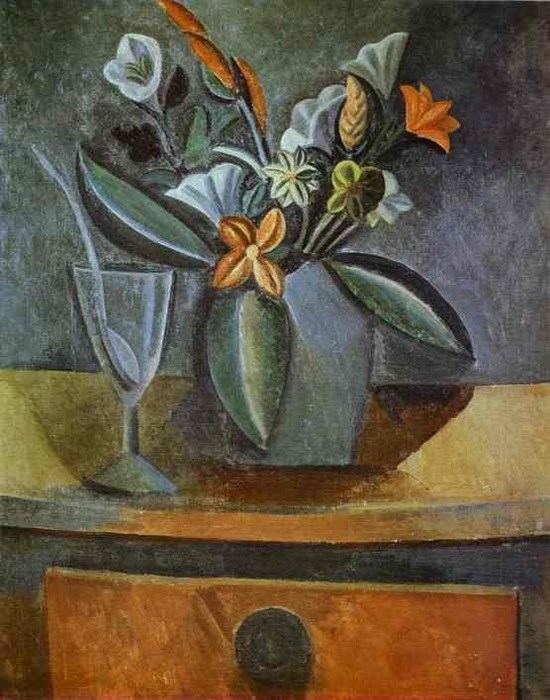 Fleurs dans une cruche et verre de vin avec cuillère - Pablo Picasso